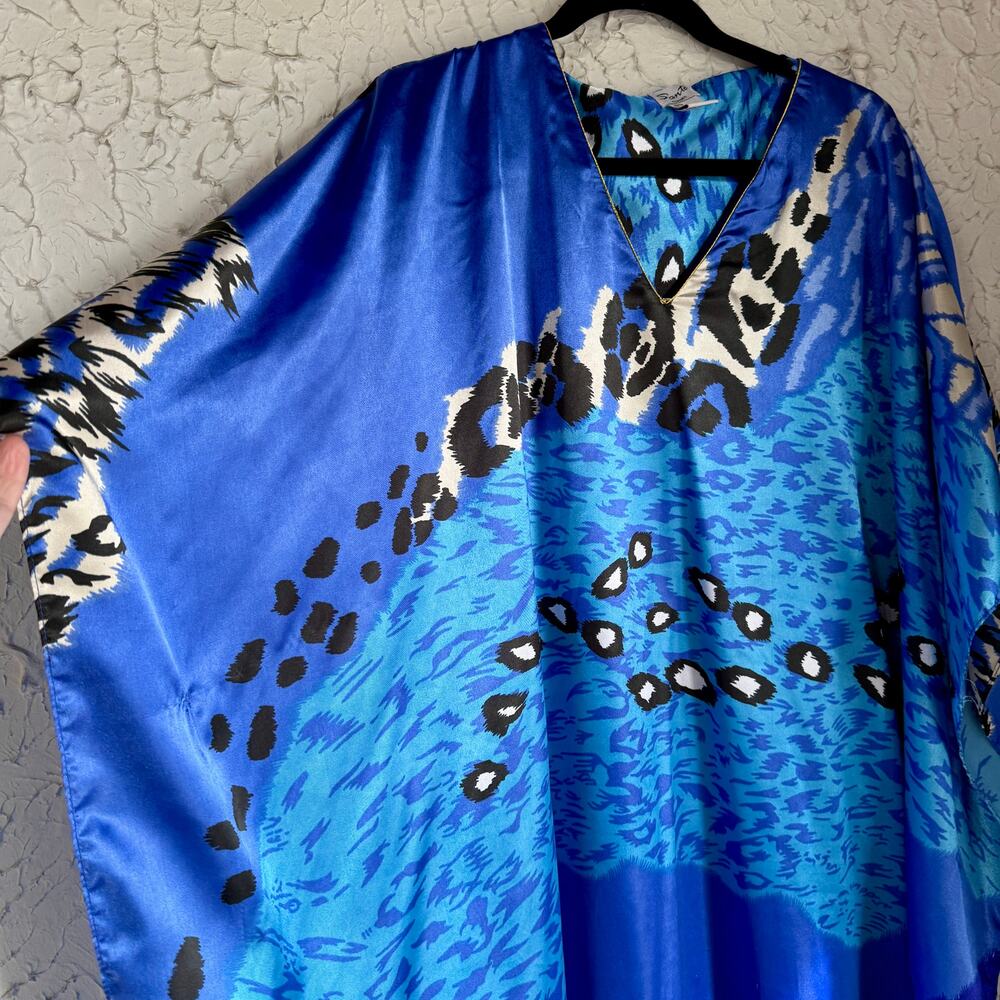 Blue Abstract Kaftan Maxi Dress One Size Boho Resort Cover Up - Picture 6 of 8